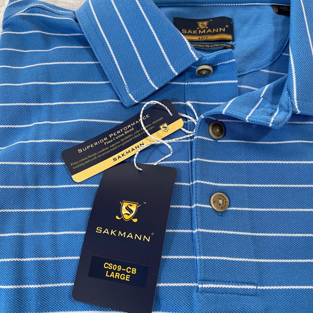 SAKMANN Golf Performance Polo Shirt Blue White Stripe Pima Cotton Blend Men Lg. - Picture 4 of 11